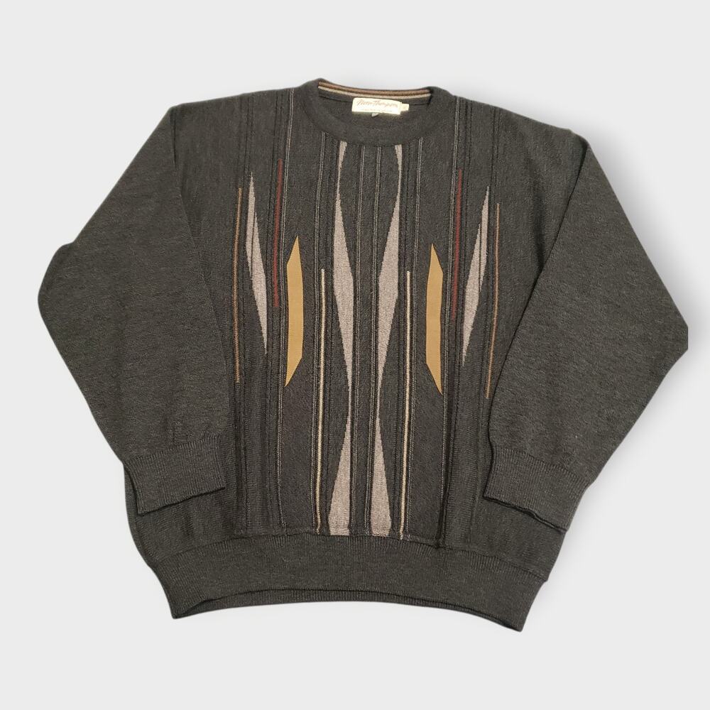 Vintage Norm Thompson 3D Knit Wool Blend  Sweater Grey Sz XL Grandpa 90s Cosby‎